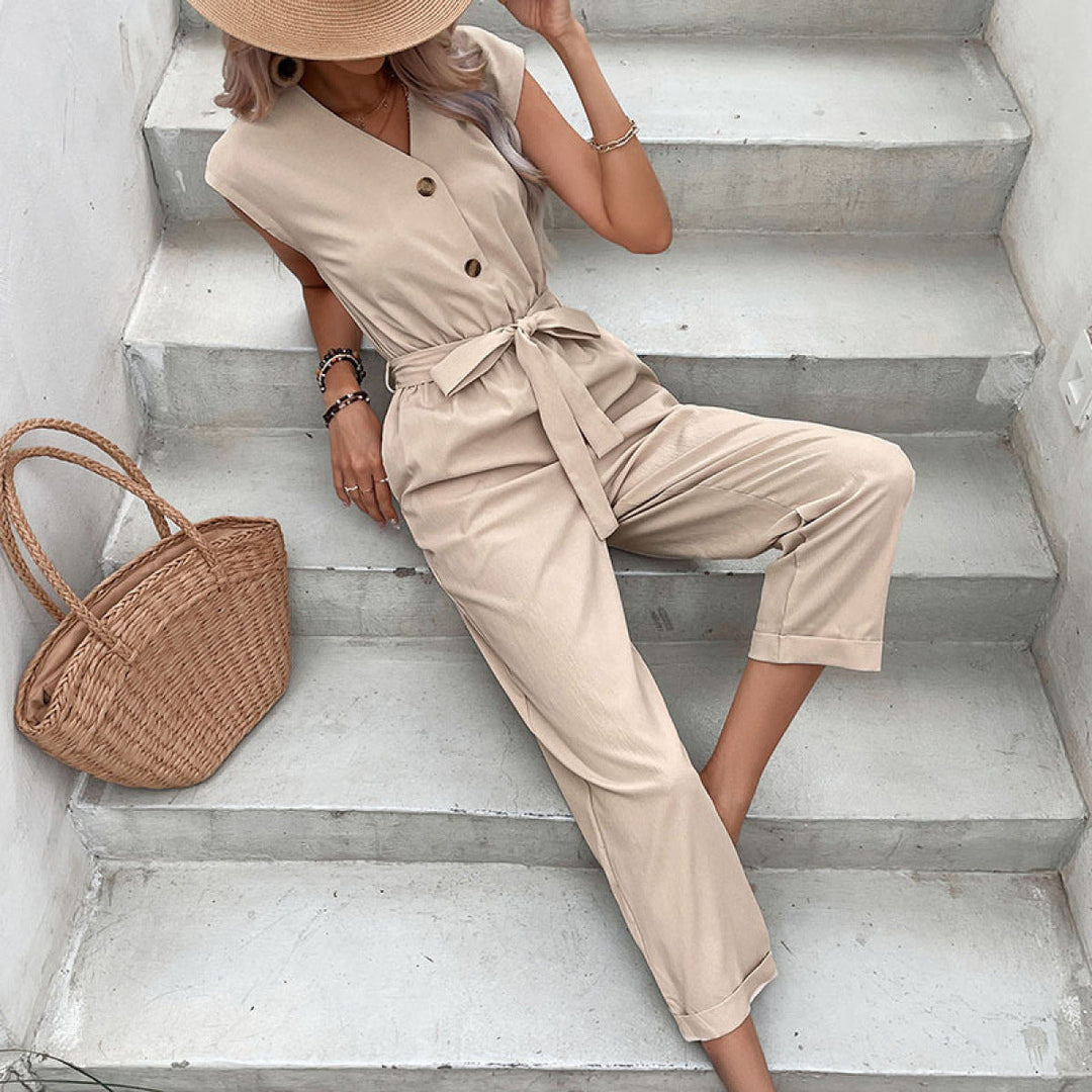 Solid Button V-Neck Jumpsuits With Belt