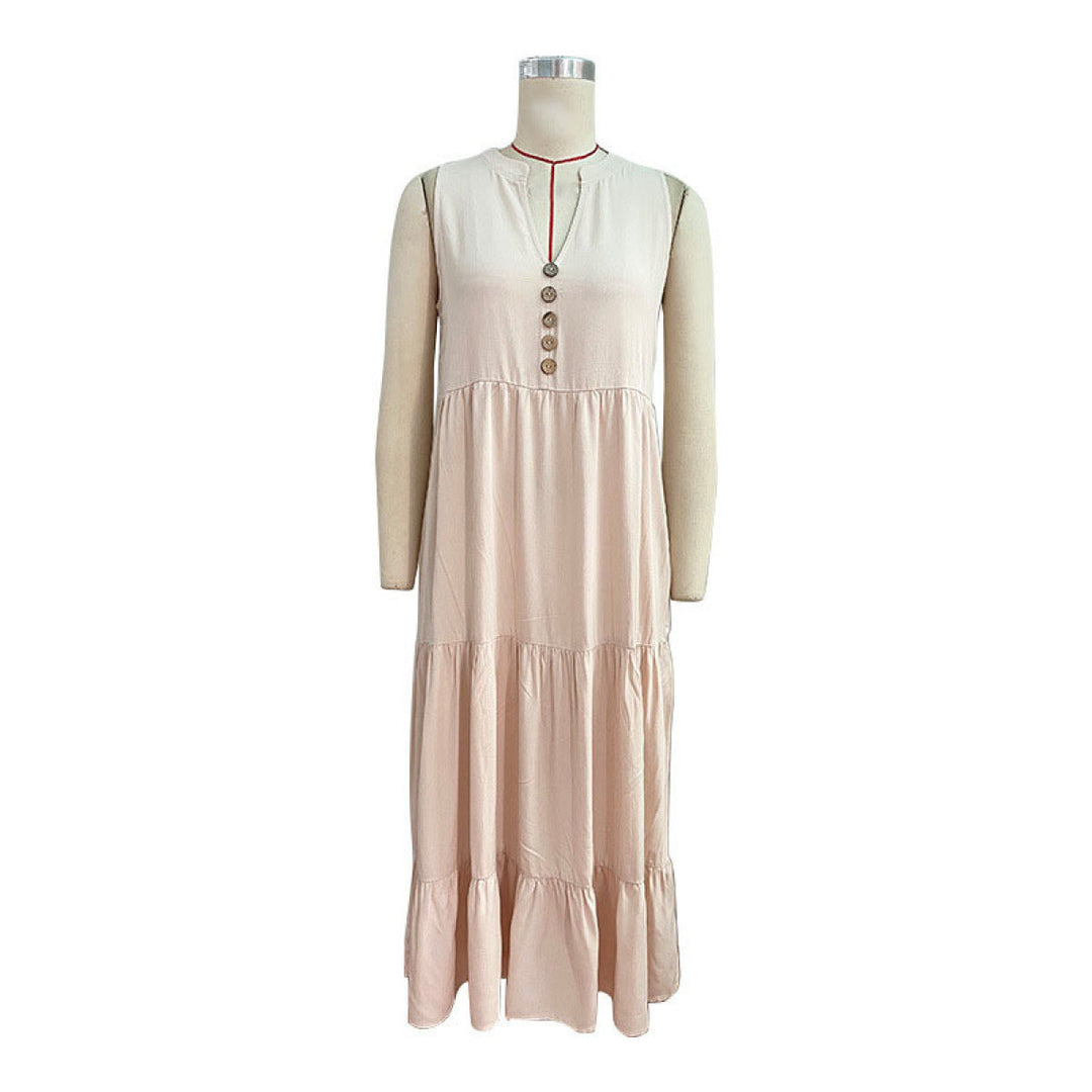 Solid Notched Buttoned Tiered Maxi Dress