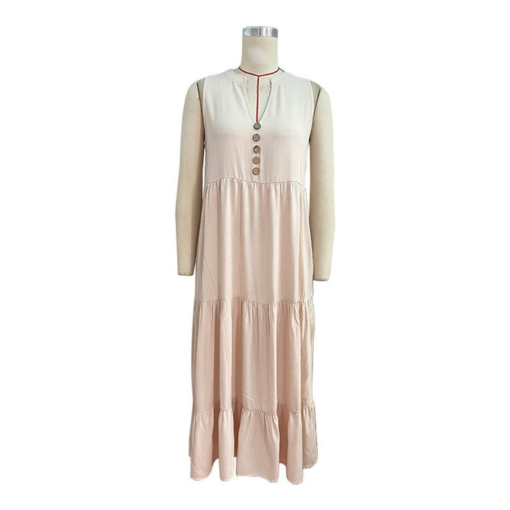 Solid Notched Buttoned Tiered Maxi Dress