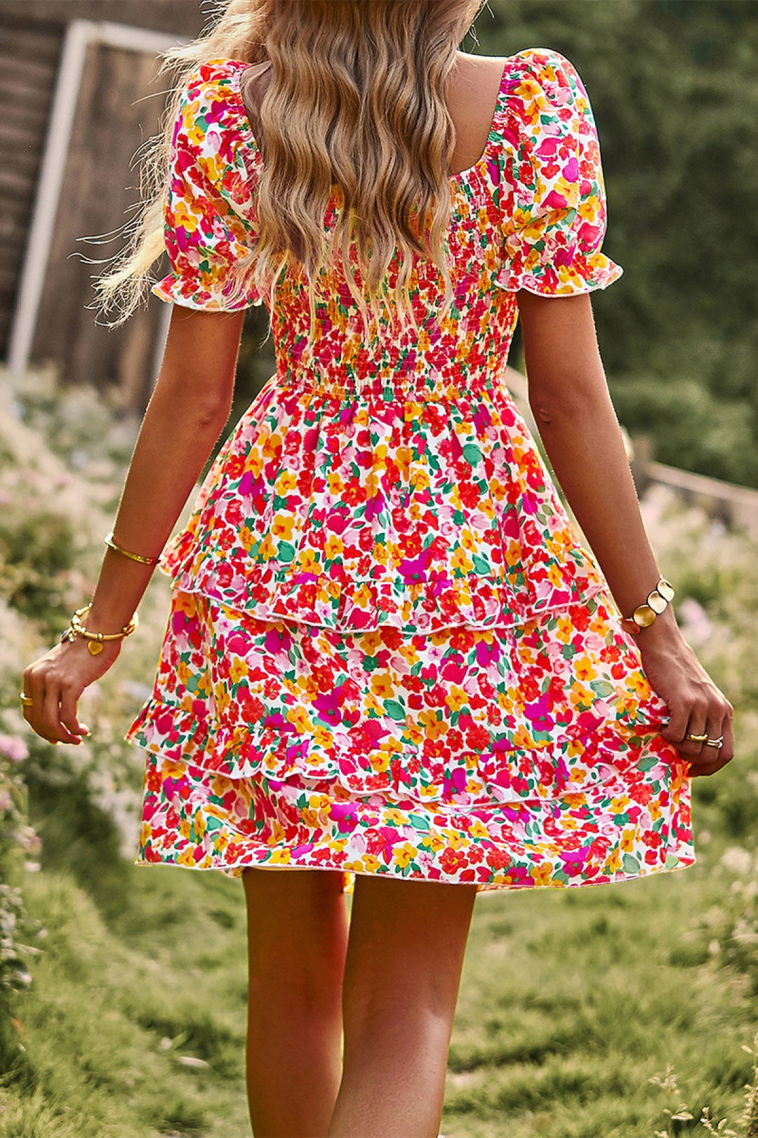 Floral Off-the-shoulder Puff Sleeve Tiered Dress