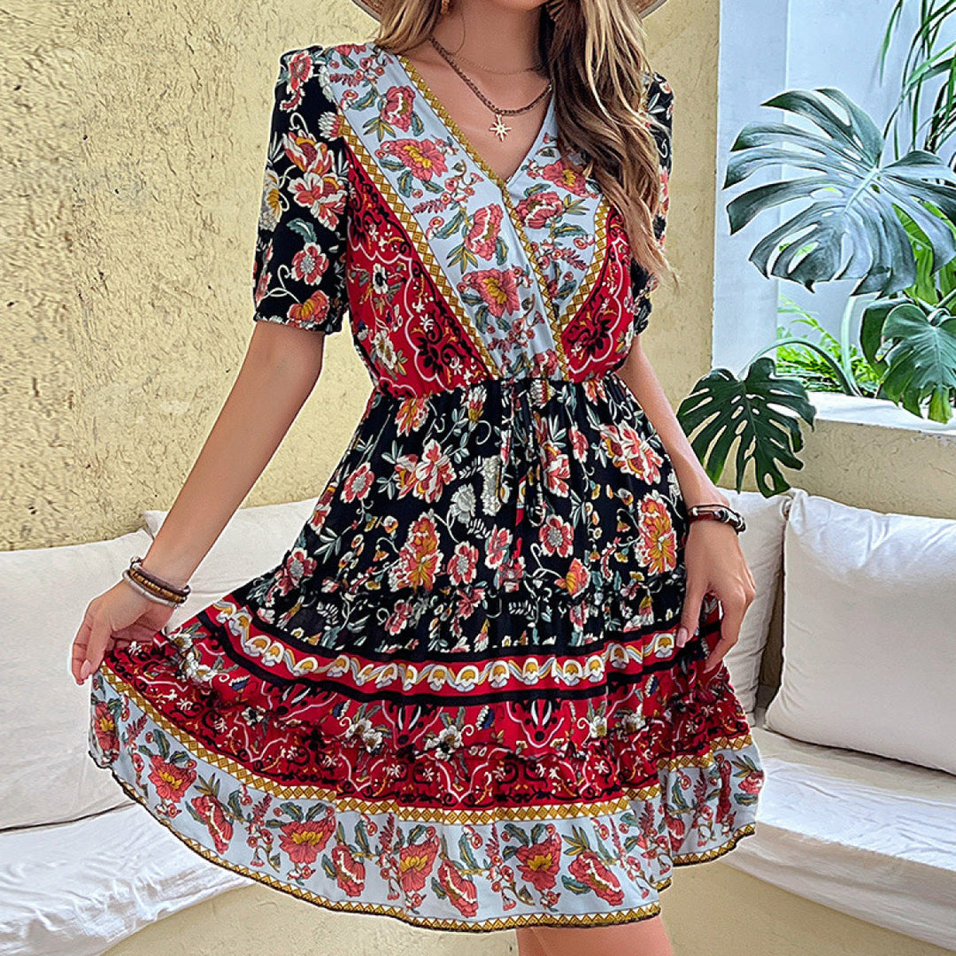 Boho V-neck Tie-Waist Floral Mini Dress