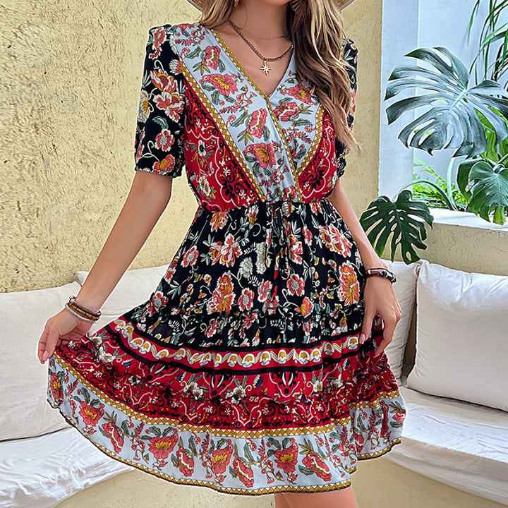 Boho V-neck Tie-Waist Floral Mini Dress