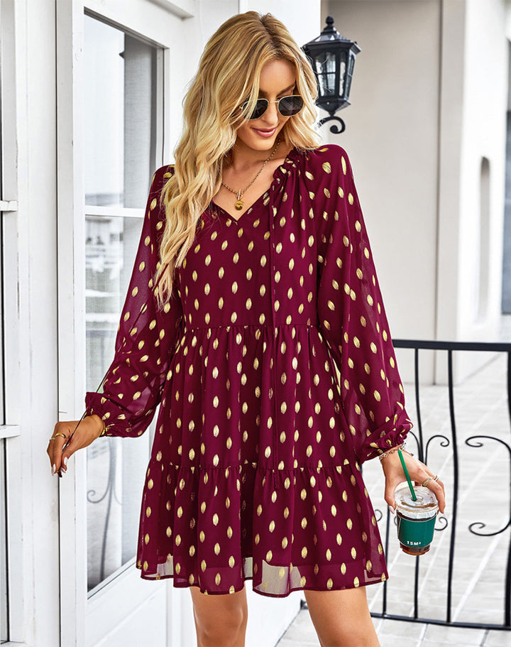 V-Neck Balloon Sleeve Polka Dot Dress - Mini Dress