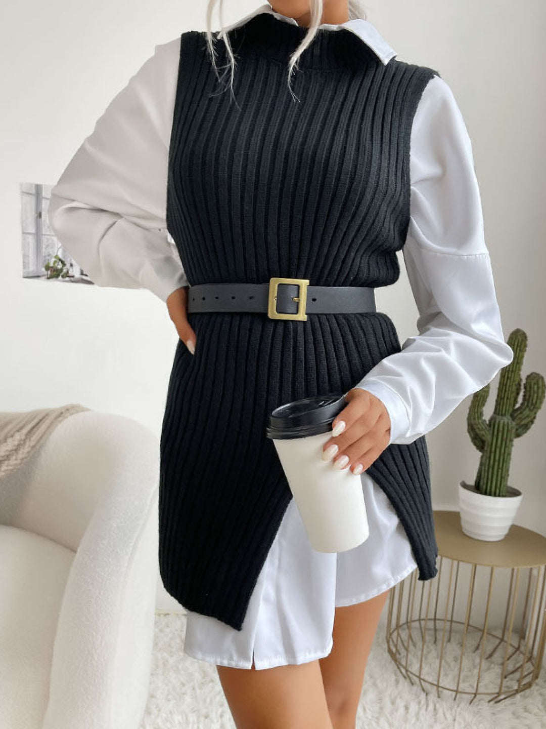 Solid Sleeveless Mockneck Side-Slit Knit Vest Dress without Belt
