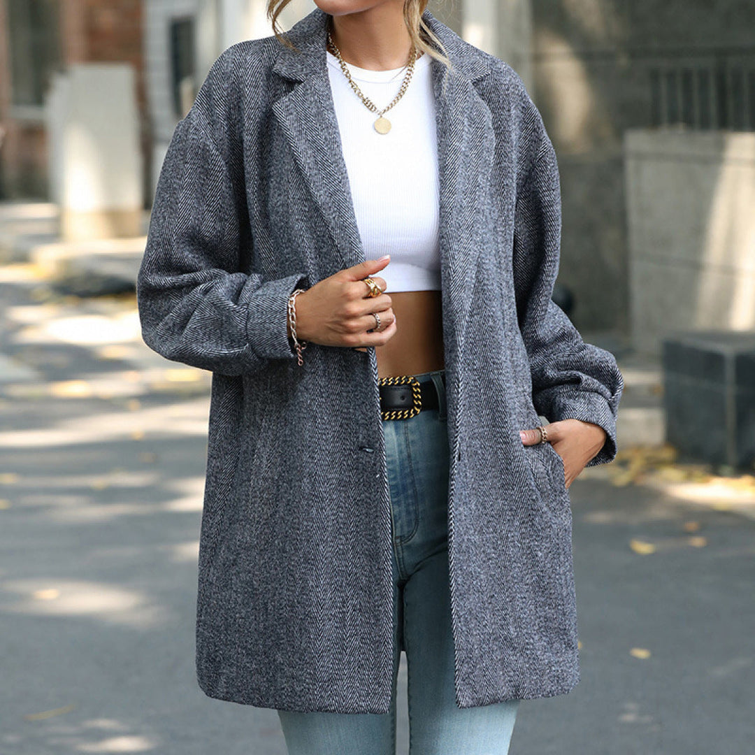 Gray Lapel Neck Balloon Sleeve Button Down Long Blazer