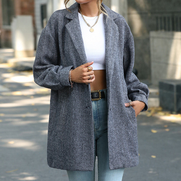 Gray Lapel Neck Balloon Sleeve Button Down Long Blazer