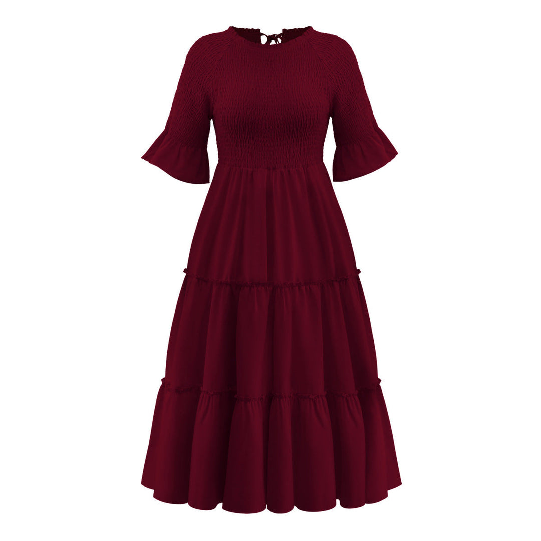 Round Neck Solid Color Smocked A-line Tiered-layered Dress
