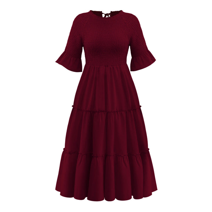 Round Neck Solid Color Smocked A-line Tiered-layered Dress