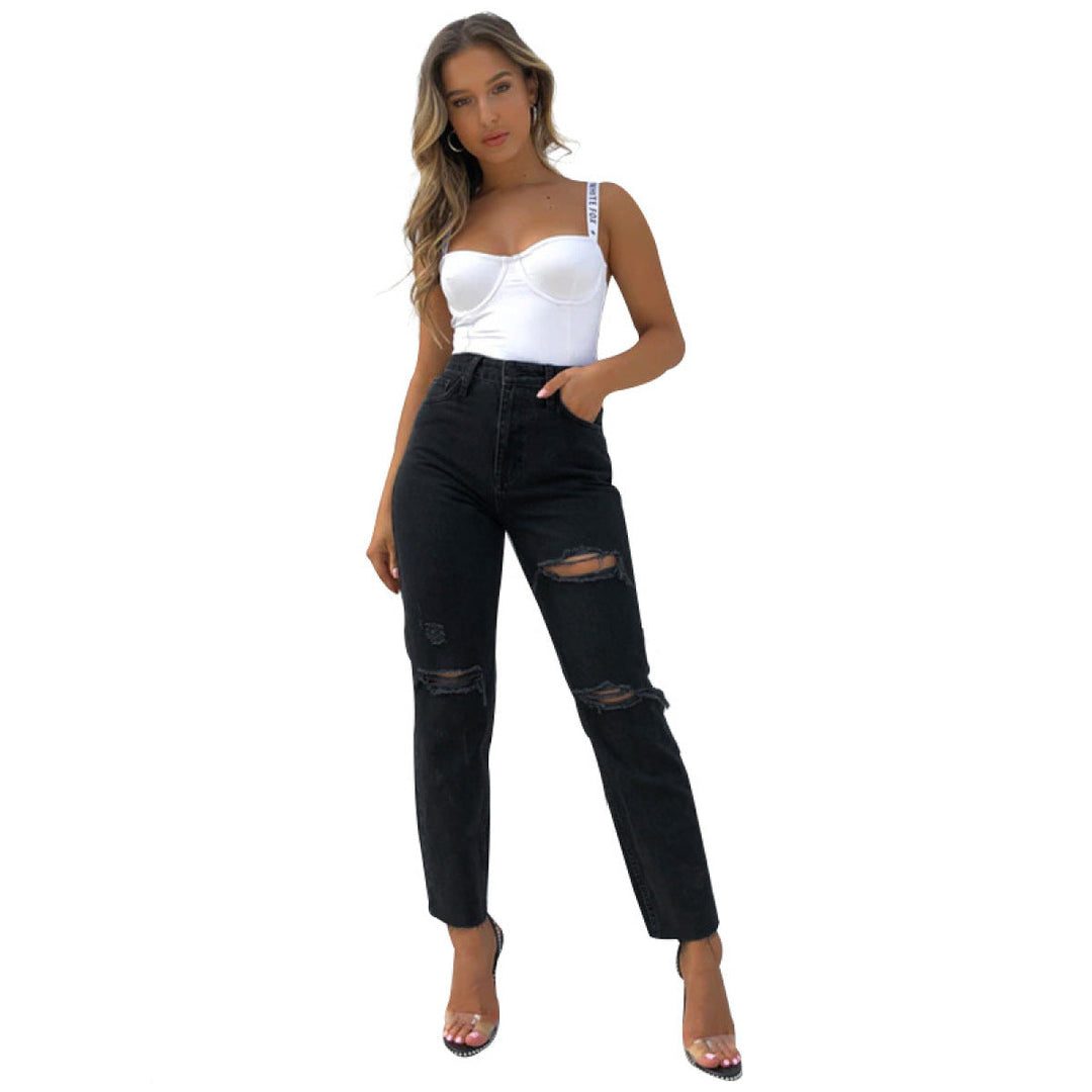 Casual Washed Blue Straight-Leg Ripped Jeans