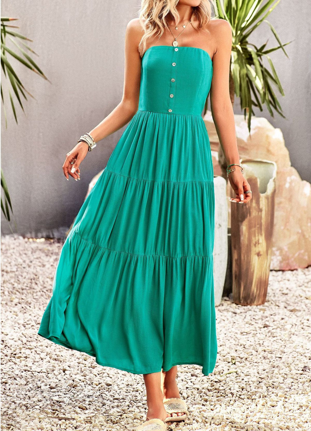 Strapless Buttoned Pleated Tiered Dress With Pocket