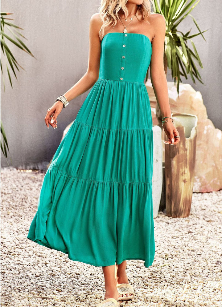 Strapless Buttoned Pleated Tiered Dress With Pocket
