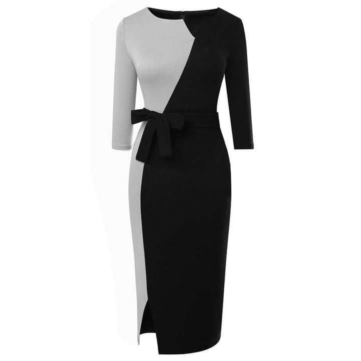 Notched Neck Three-Quarter Sleeve Tie Waist Colorblock Slit Midi Dress