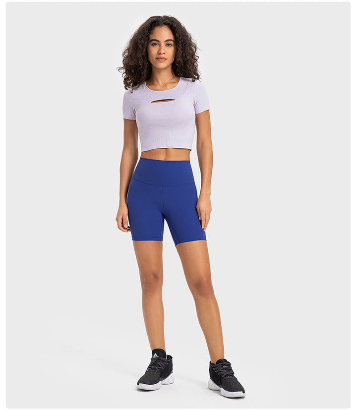 Solid Ribbed Round Neck Cut Out Crop Active Top