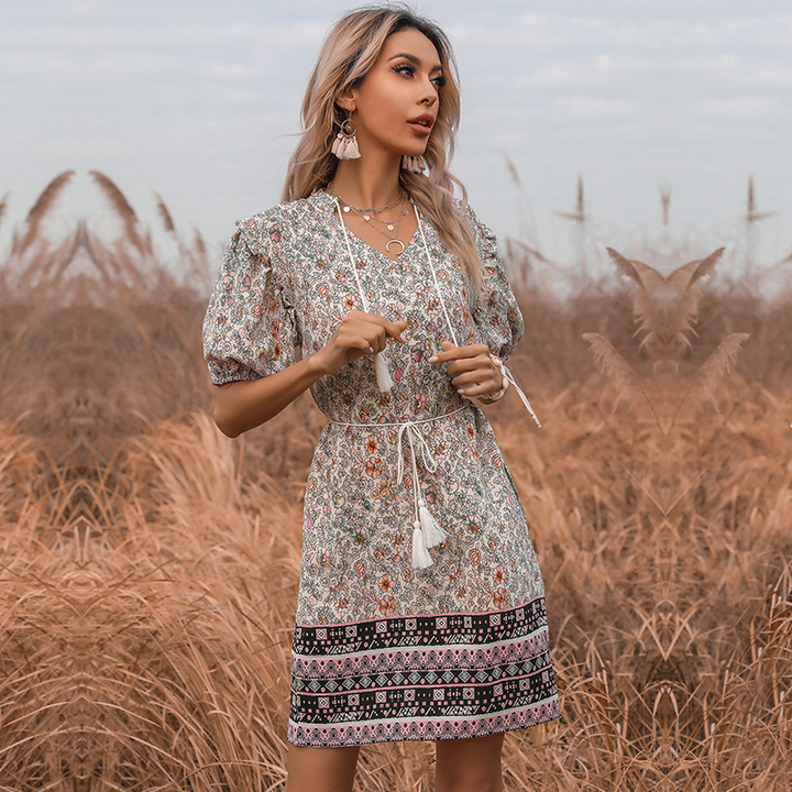 Floral V-Neck Women Short Dress