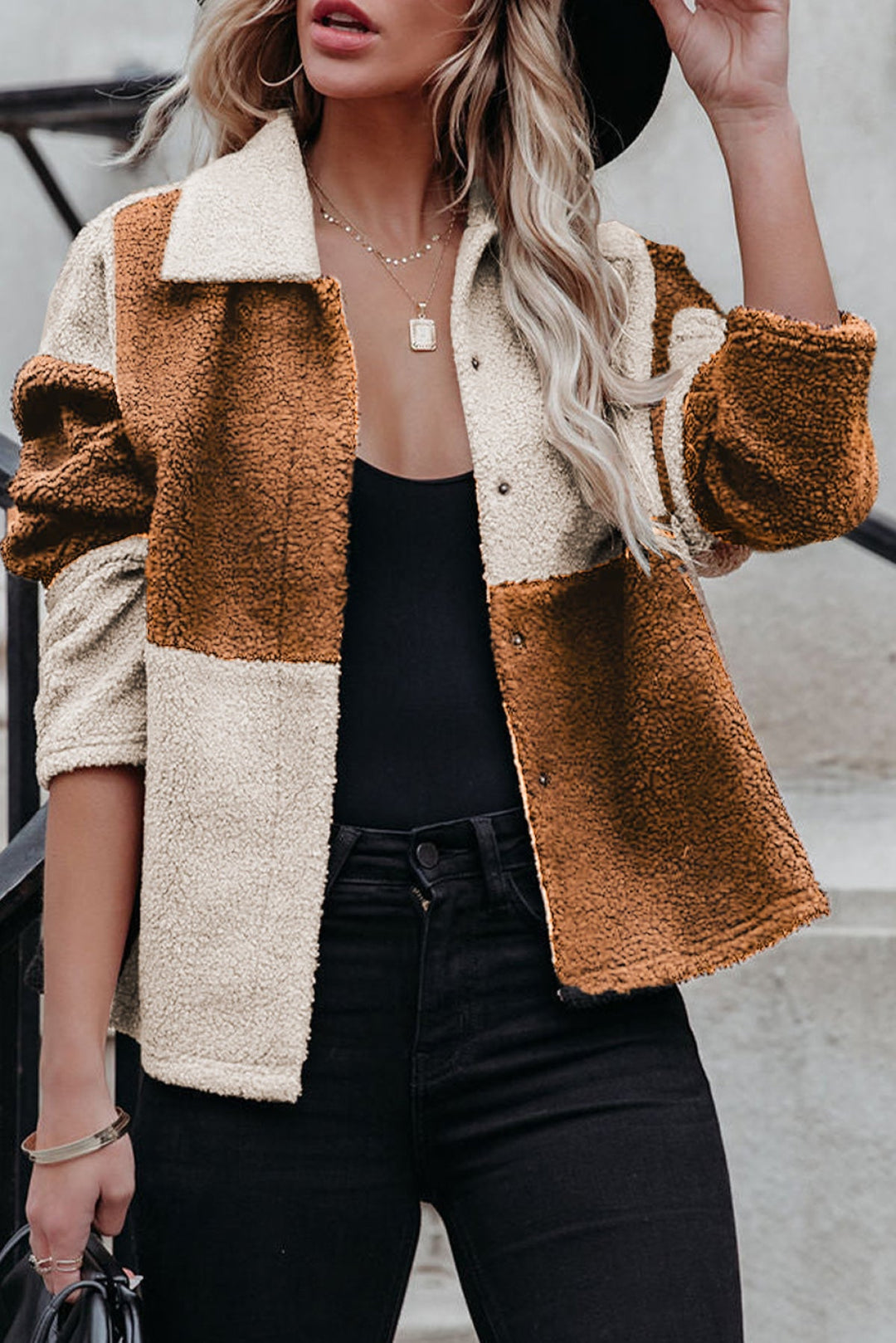 Colorblock Checkered Sherpa Jacket