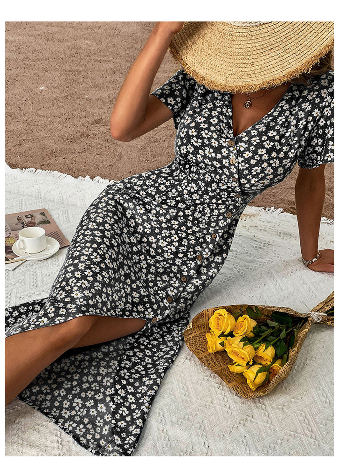 Ditsy Floral Buttoned Split Maxi Dress