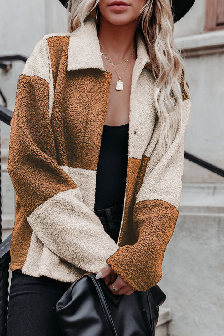 Colorblock Checkered Sherpa Jacket
