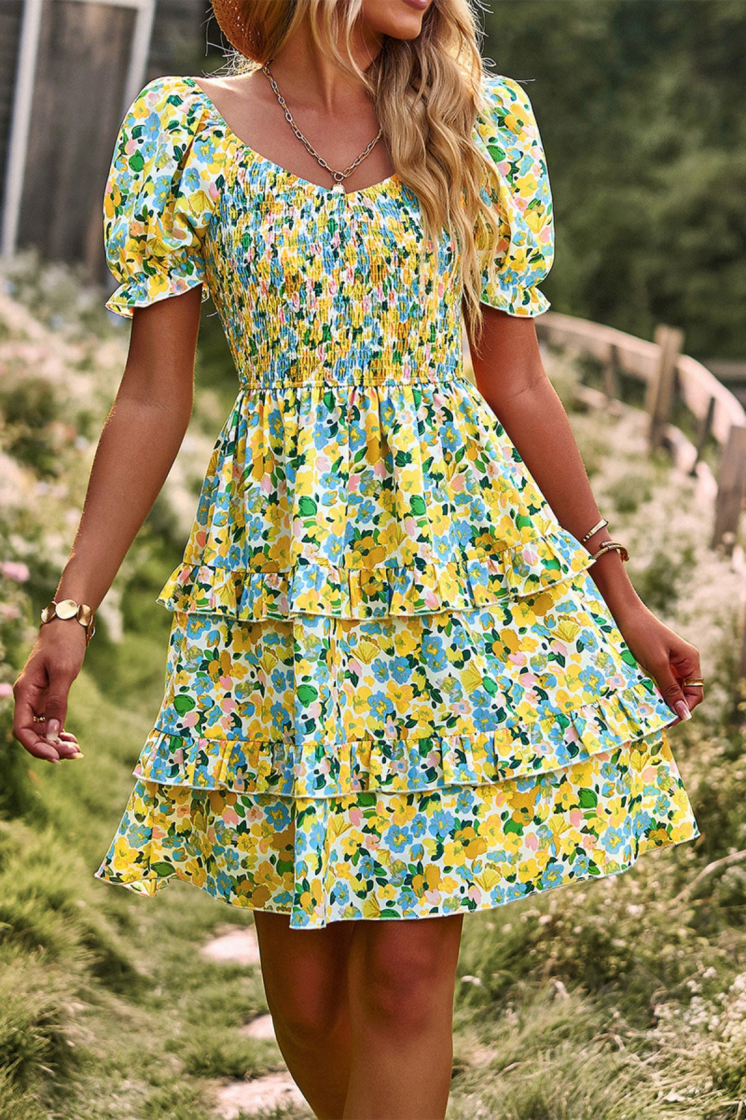 Floral Off-the-shoulder Puff Sleeve Tiered Dress