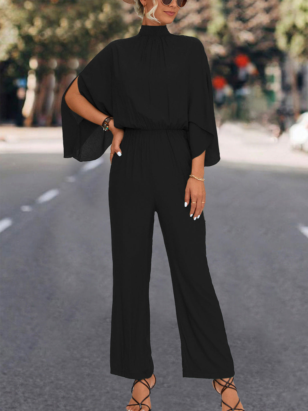 Solid Mockneck Cape Sleeve Jumpsuit