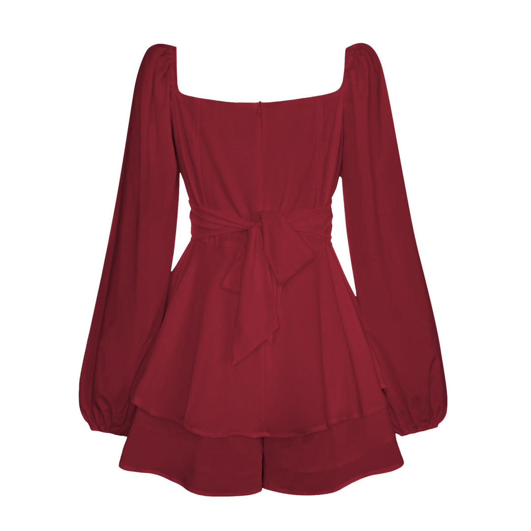 Balloon Sleeve Back Tie Tiered Romper