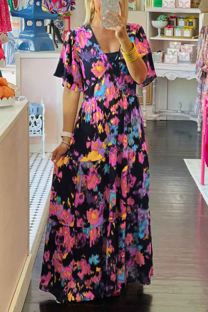 Abstract Floral Pattern Flutter Sleeve Tiered Maxi Dress