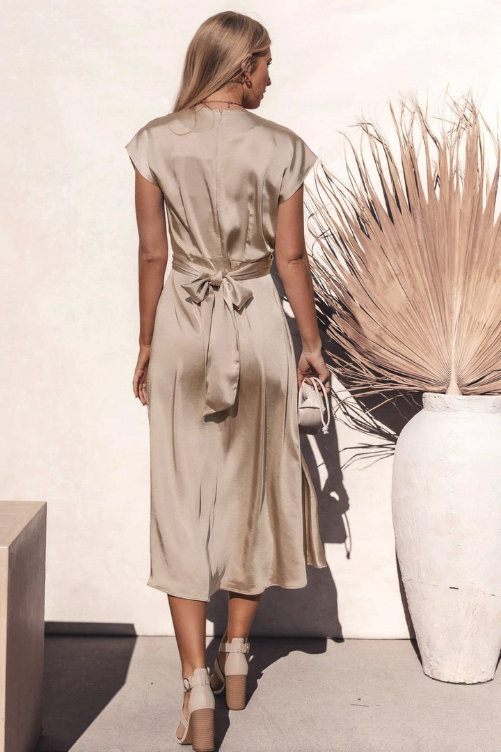 Solid Round Neck Tie Back Midi Dress