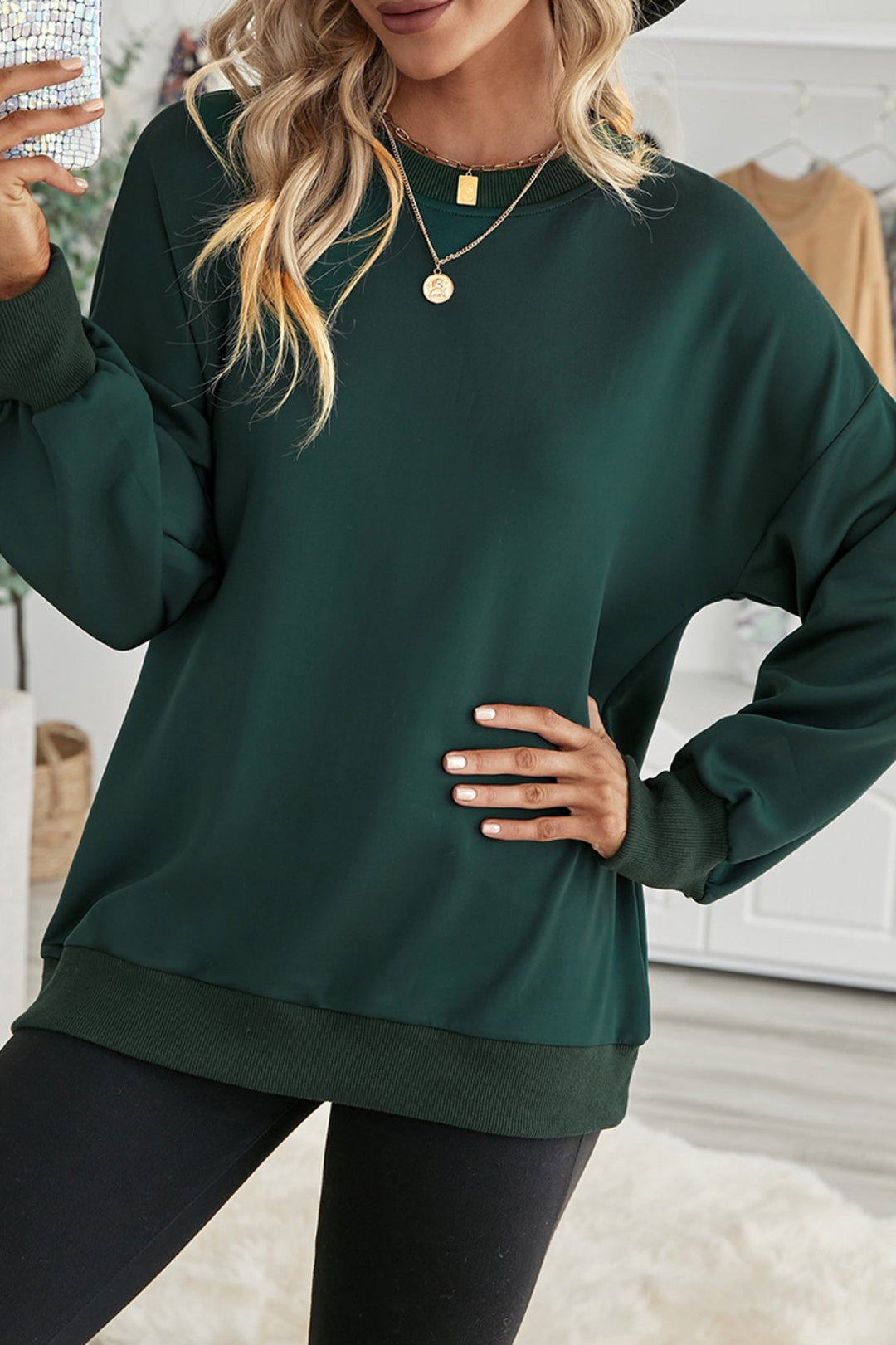 Solid Drop-Shoulder Pullover Sweatshirt