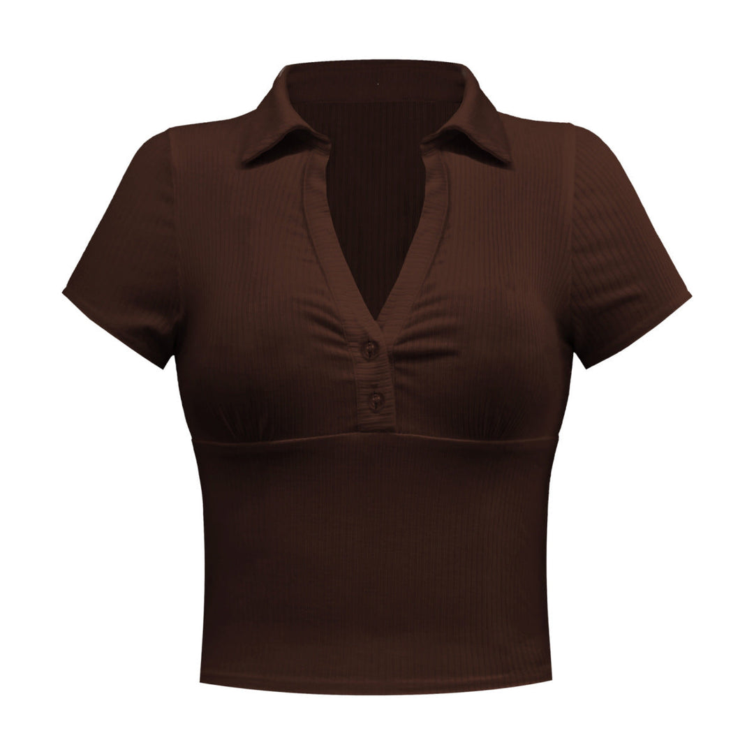 Solid Short Sleeve Buttoned V Neck Crop Top