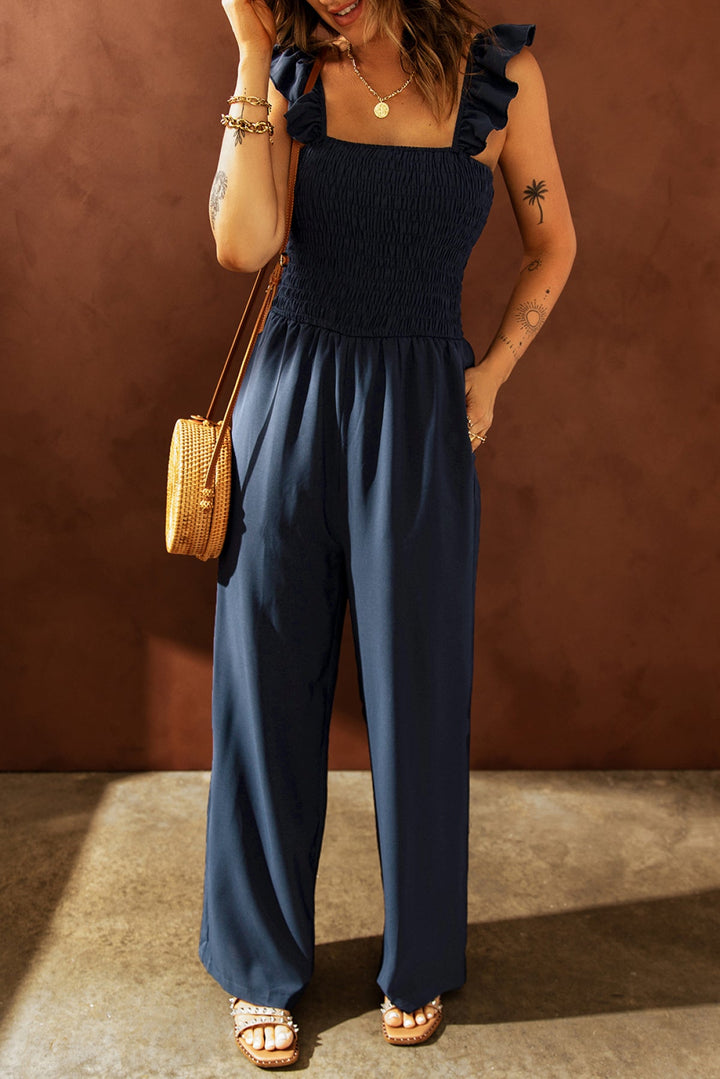 Flutter Sleeve Smocked Wide Leg Jumpsuit
