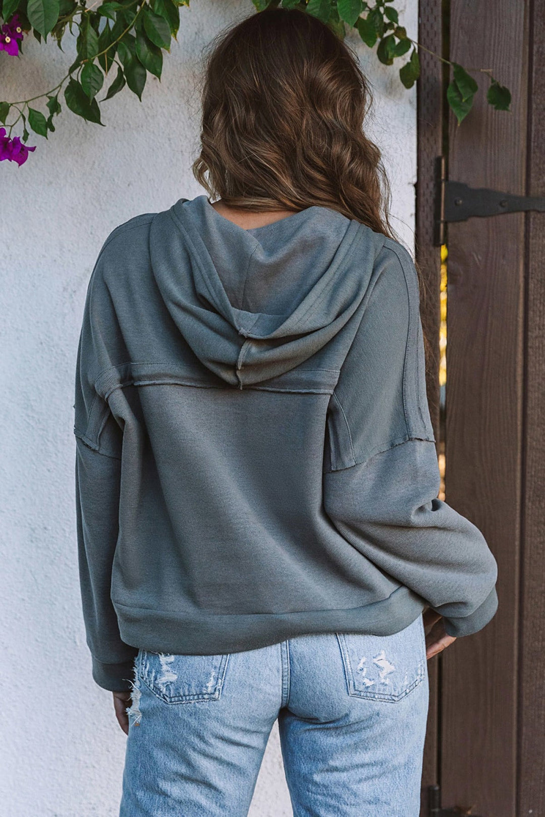 Sky Blue Solid Patchwork Trim Hoodie