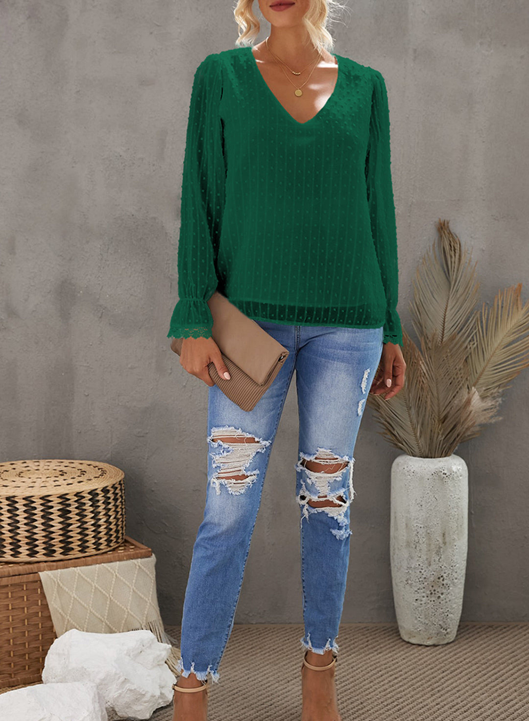 V Neck Puff Sleeve Swiss Dot Blouse