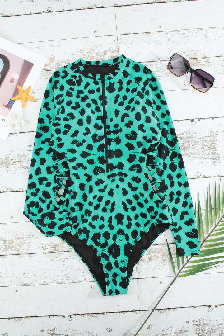 Leopard Print Zipper Cut-Out Swimsuit