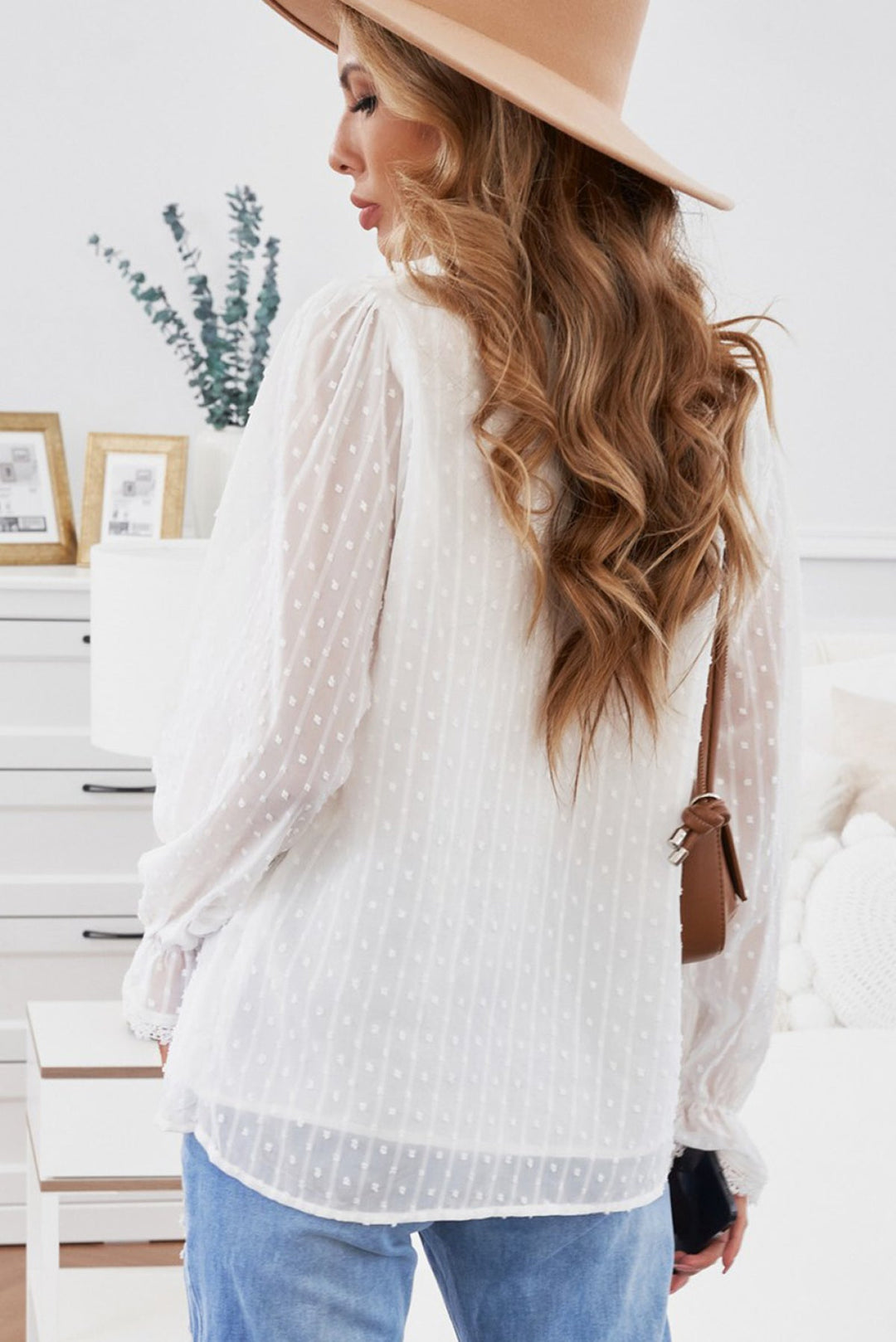 V Neck Puff Sleeve Swiss Dot Blouse