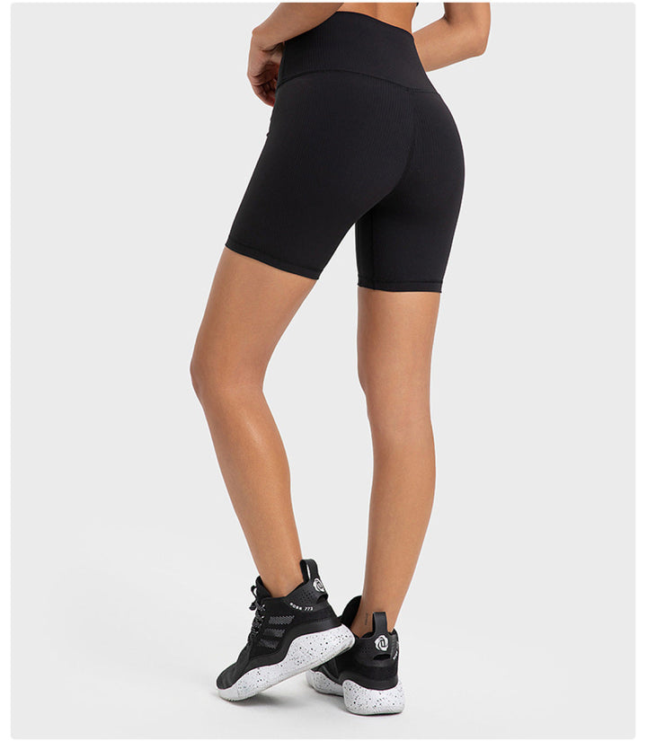Solid Ribbed High Waist Bike Shorts With Side Pockets