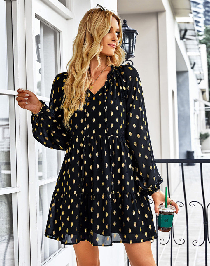 V-Neck Balloon Sleeve Polka Dot Dress - Mini Dress