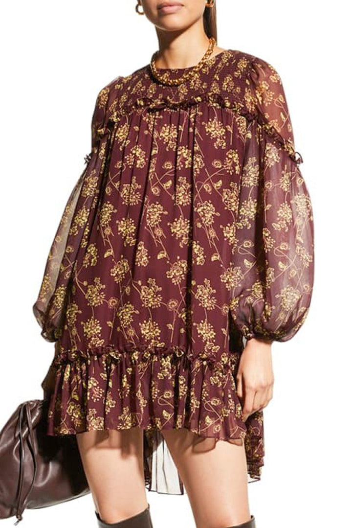 Red Ruffled Puff Sleeve High Low Floral Babydoll Dress