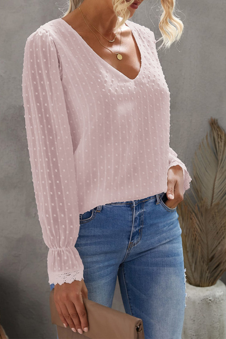 V Neck Puff Sleeve Swiss Dot Blouse
