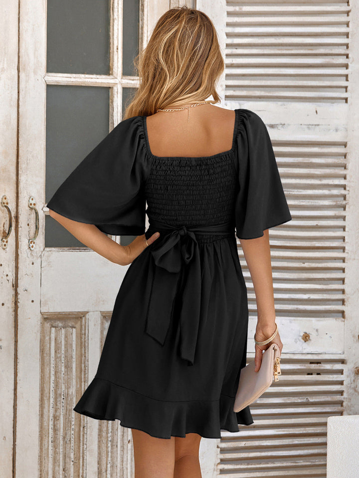 Surplice Neck Flare Sleeve Tie Waist Gathering Mini Dress
