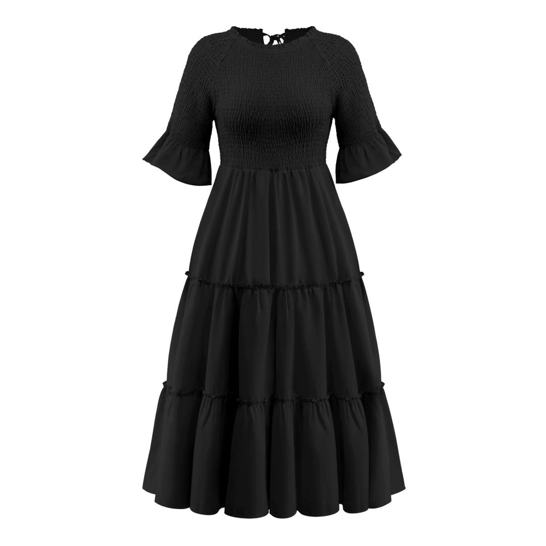 Round Neck Solid Color Smocked A-line Tiered-layered Dress