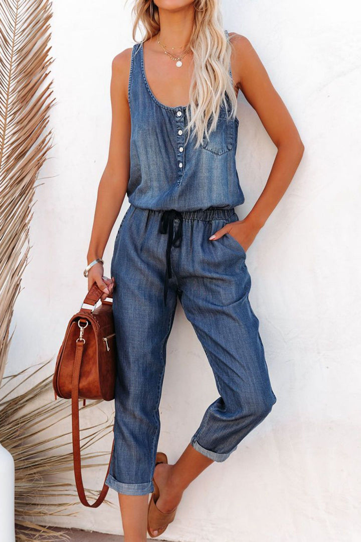 High Waist Denim Romper