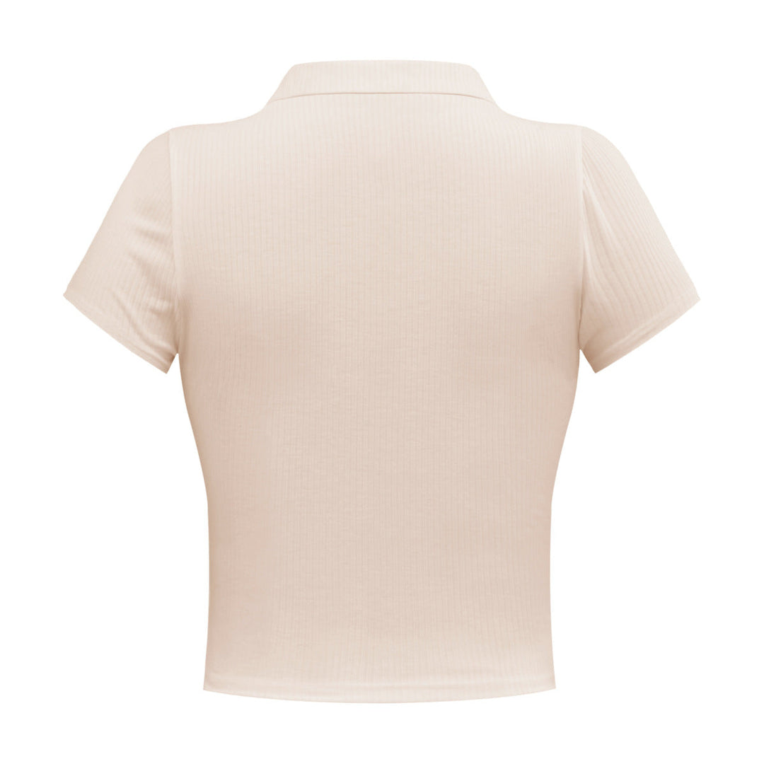 Solid Short Sleeve Buttoned V Neck Crop Top