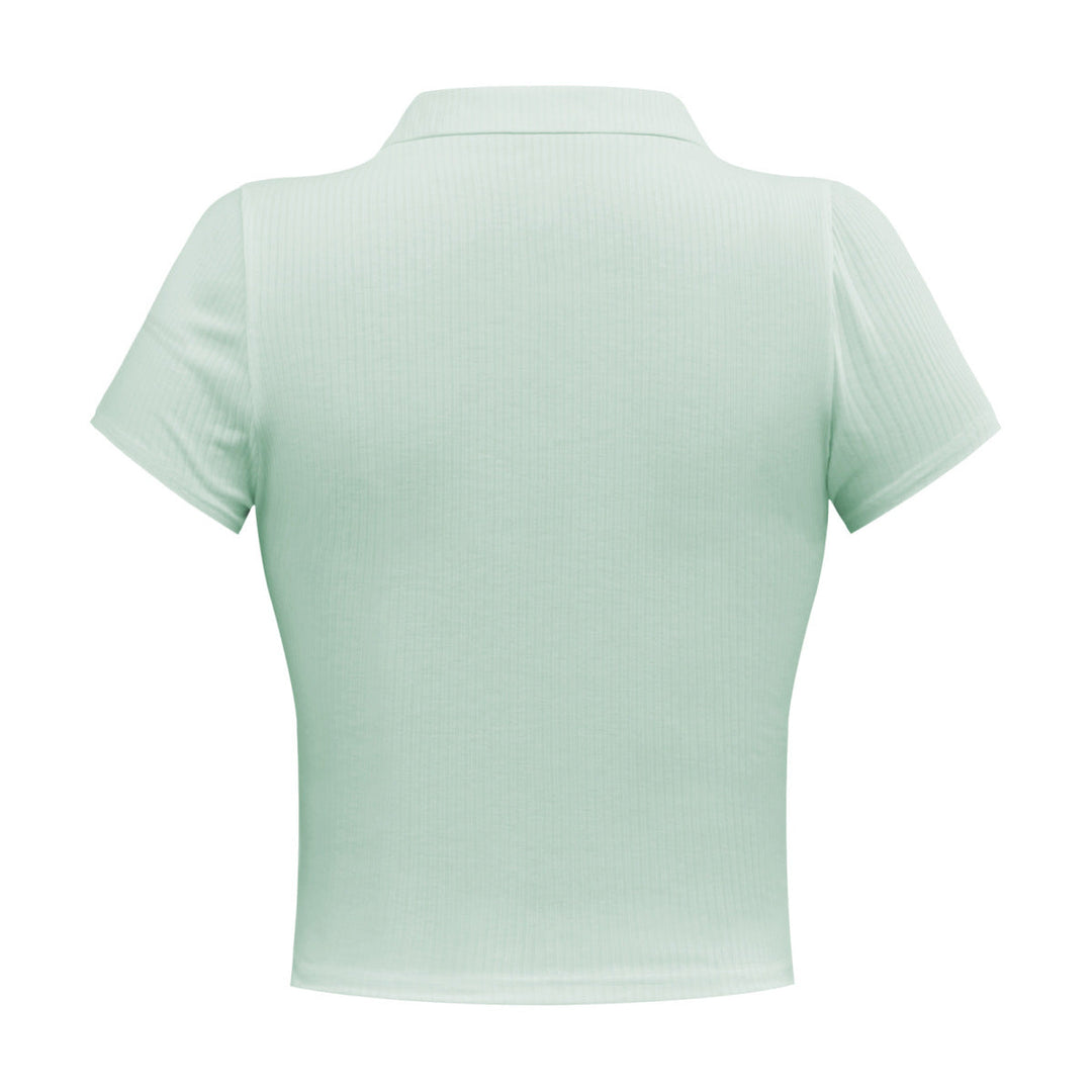 Solid Short Sleeve Buttoned V Neck Crop Top