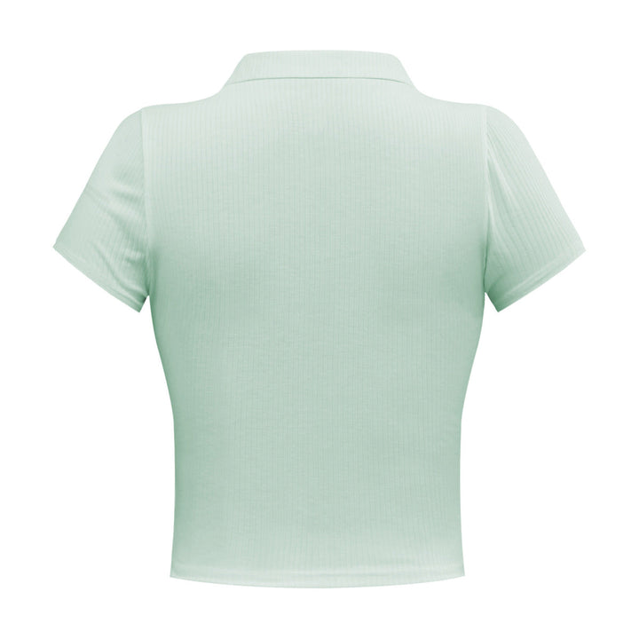 Solid Short Sleeve Buttoned V Neck Crop Top