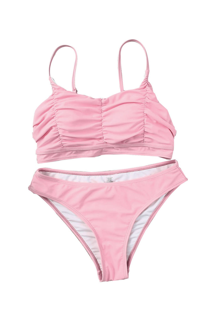 2Pcs Ruched Bikini Solid Swimsuit