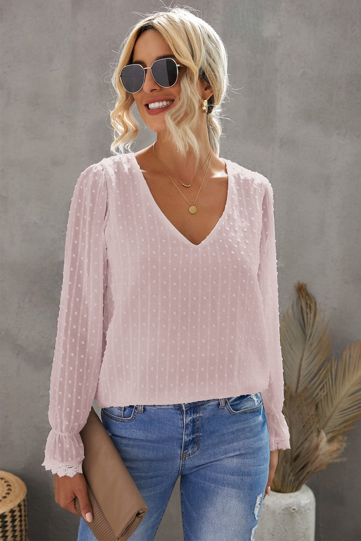 V Neck Puff Sleeve Swiss Dot Blouse