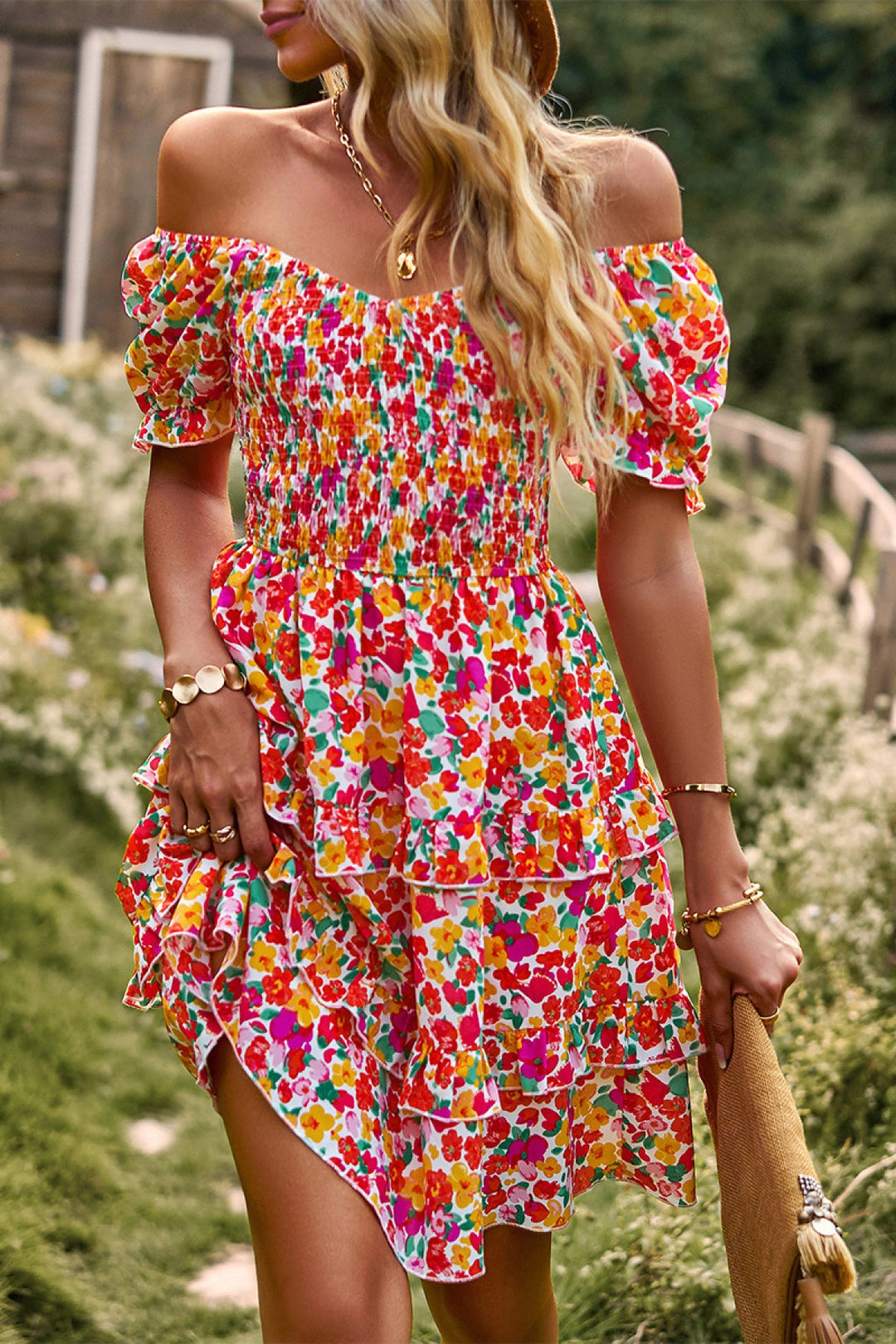 Floral Off-the-shoulder Puff Sleeve Tiered Dress