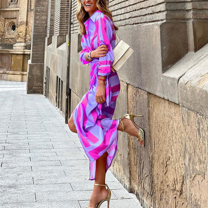 Striped Long Sleeve Surplice Tie Waist Dress