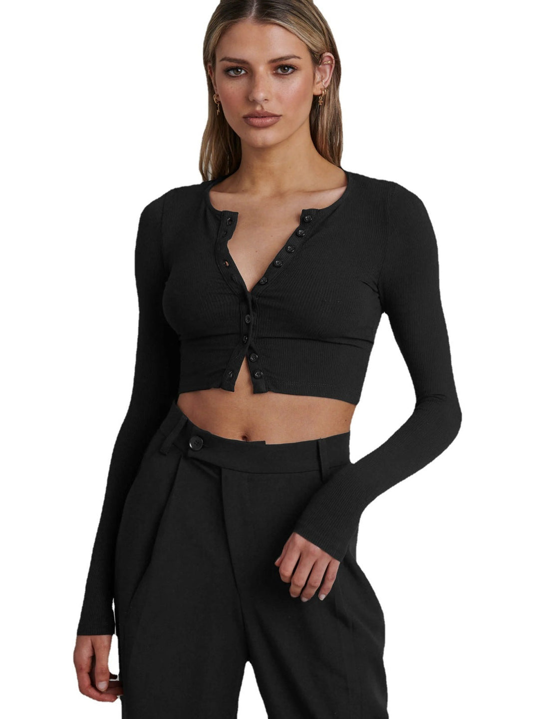 Single-Breasted V-Neck Solid Crop Top