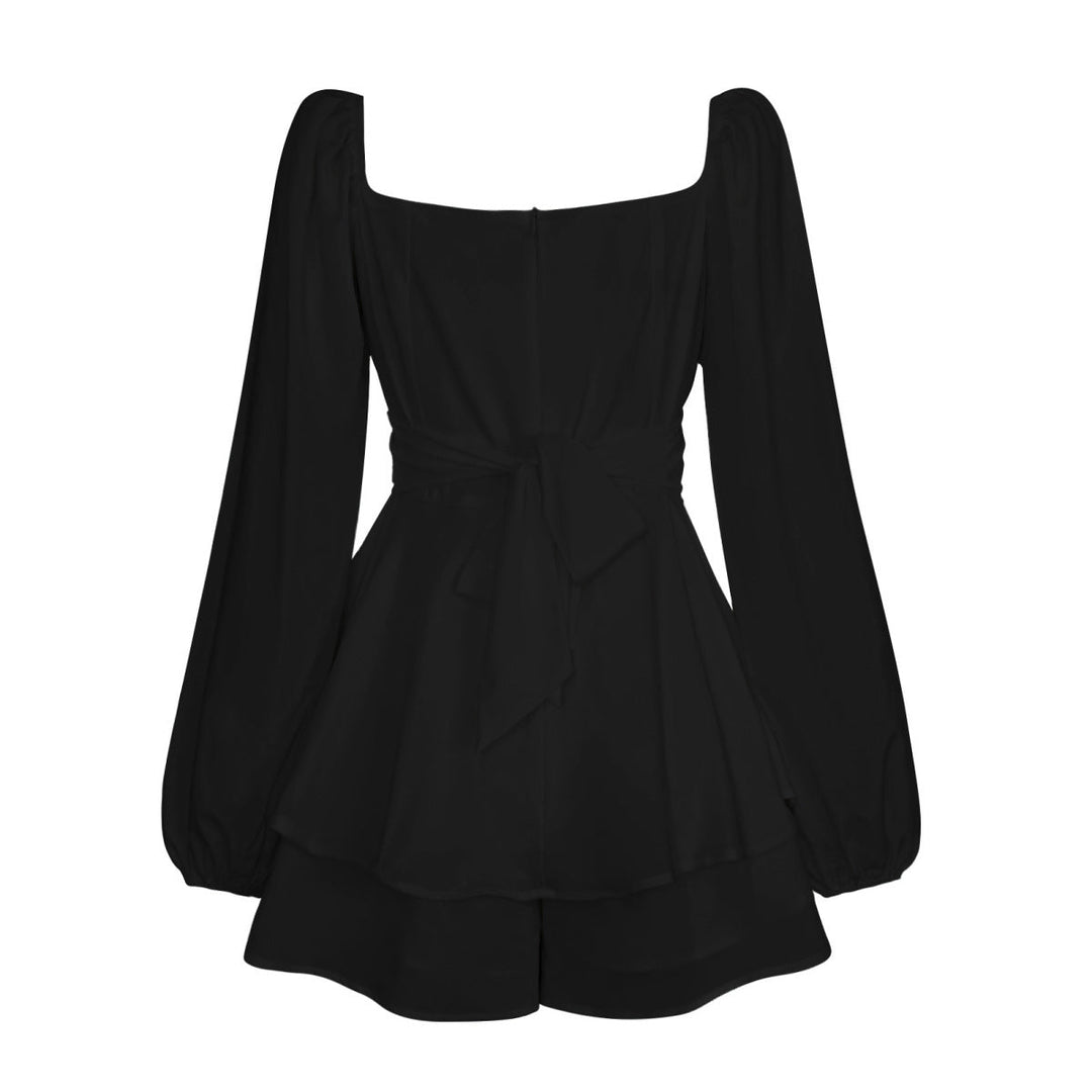 Balloon Sleeve Back Tie Tiered Romper