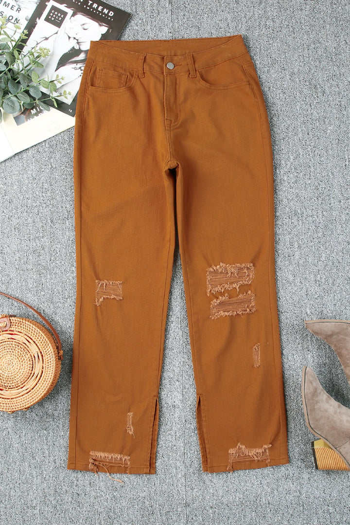 Distressed Raw Hem Straight Leg Jeans